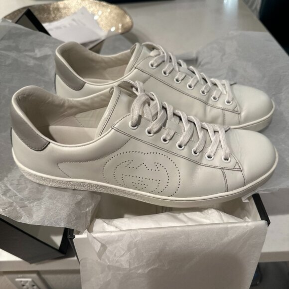 Gucci Ace White Perforated Interlocking Leather Sneaker - Picture 1 of 5